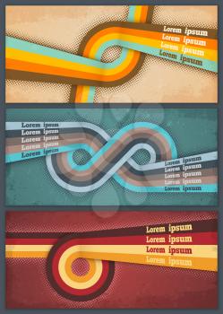 Retro banners, vector geometric backgrounds of abstract circles, grunge stripes and lines, infinity symbol or endless loop with halftone effect. Vintage posters, brochures or cards with text layouts