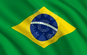 Brazil flag, vector brazilian official symbol of green and yellow colors with blue globe, stars and line. Realistic Brazilian federative republic country national flag waving fabric waves 3d texture