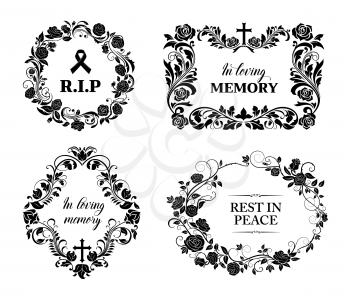 Funeral and obituary condolence cards, RIP flowers wreath, vector floral frames. Funeral and death loving memory black banners with cross and roses, memorial Rest in Peace ribbon