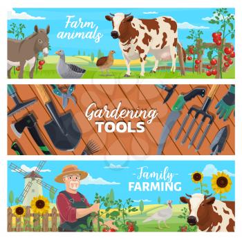 Farm animals, family farming and gardening tool banners. Farm poultry and livestock, vegetables harvest. Farmer growing tomatoes, milk cow and donkey, goose, turkey and quail, field landscape vector