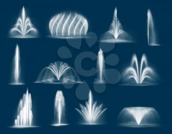 Fountain water jets isolated vector cascades and single splashing streams, 3d water jets spurt up. Waterworks elements for park decoration and design. Realistic multiple geysers flows eruption set