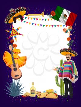 Mexican Cinco de Mayo fiesta party signboard with vector frame of mariachi, sombreros, maracas and guitar, cactus, pinata, Mexico flag and tequila, taco, burrito and nacho. Viva Mexico greeting card