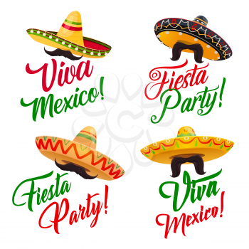 Viva Mexico vector set with Mexican holiday fiesta party sombrero hats and moustache or mustache, decorated with ethnic ornaments in colors of Mexico flag. Greeting card, festival or carnival design
