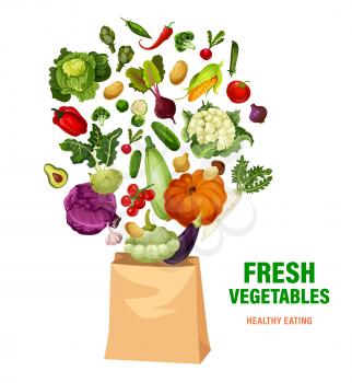 Fresh vegetables and shopping bag, healthy eating, vector veggies and greenery. Corn, tomato, and squash, cauliflower, broccoli, pumpkin and cabbage or beans. Farm market production, eco organic food