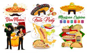 Viva Mexico and Cinco de Mayo vector banners with Mexican holiday fiesta party sombreros, maracas and guitars. Mariachi, flag of Mexico and tequila, tacos, burritos and guacamole, greeting card design