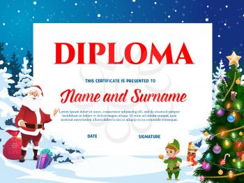 Kids diploma for Christmas holiday with Santa and elf characters. Santa Claus with gifts sack and fairytale elf decorating Christmas tree cartoon vector. Children graduation certificate template