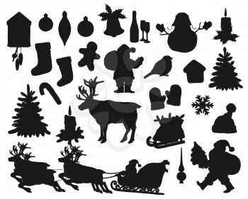 Christmas black silhouettes isolated vector set. Winter holiday Santa Claus, gift bag, fir tree and holly. Christmas sock, bird, snowflake and candle, xmas ball, gingerbread man and deer