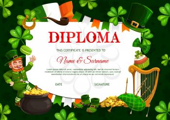 Kids diploma template, Patricks day vector leprechaun, pot with gold coins and neck tie, celtic party frame template with shamrock. Bagpipe, smoking pipe, and lucky horseshoe with cupcake certificate