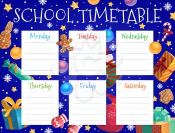Child school week timetable template with Christmas tree ornaments. Kid lessons schedule, winter holidays planner with gingerbread cookie, gifts and snowflakes, glass bauble, stocking cartoon vector