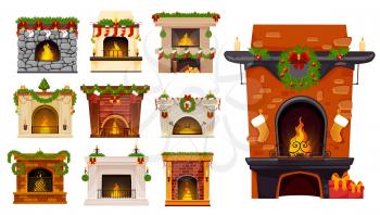 Christmas fireplace cartoon vector set of Xmas holiday fire places with Christmas tree wreaths, Santa stocking socks and gifts, holly berry garlands, balls and candles. Winter holiday room interior