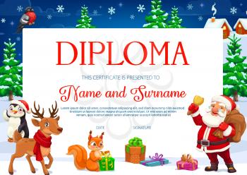 Diploma or certificate of children education with vector Christmas cartoon characters. School or kindergarten graduation award, achievement certificate and appreciation gift with Santa and Xmas gifts