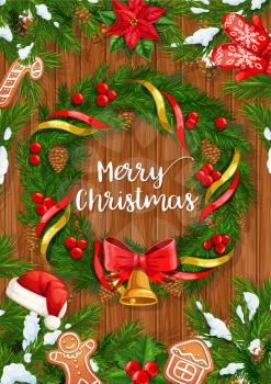 Christmas wreath with Xmas bell on wooden background vector design. Pine and holly berry tree branches with snow, Santa hat and ribbons, snowflakes, red bow and gingerbread, poinsettia and gloves
