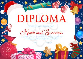 Christmas celebration kids diploma with gifts, toys and sweets. Christmas tree ball, gingerbread cookie man and wrapped presents, stocking and candy cane cartoon vector. Kindergarten diploma template