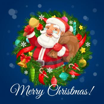 Merry Christmas winter holidays greeting wish, Santa with gifts bag and golden bell in vector Xmas tree wreath. Christmas decoration balls, pine cones and snowflakes, golden stars and candy cane