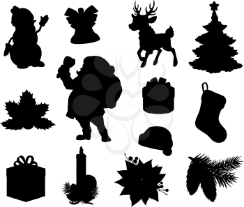 Christmas holiday black silhouettes. Vector Xmas tree, gift and present boxes, Santa, snowman and reindeer, Claus hat, Christmas bell, holly and pine branches, stocking, sock, candle and poinsettia