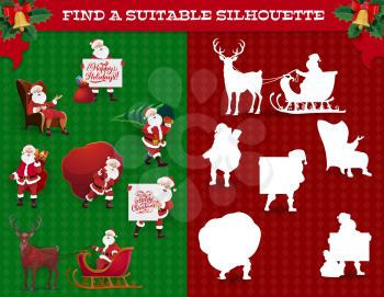 Find silhouette kids game, Christmas maze with Santa character. Children game with matching activity and comparison task, preschooler child riddle with Santa Claus, reindeer and gifts cartoon vector