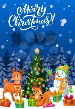 Merry Christmas vector greeting card with Santa Xmas sleigh, snowman and animals. Christmas tree, gifts and reindeer, present boxes, snow and stars, sock, candies and balls, lights and squirrel