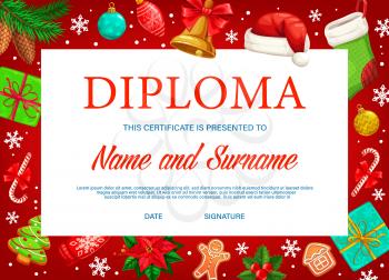 Education diploma or certificate with vector background frame of Christmas gifts. School graduation diploma award, certificate of achievement or appreciation with Xmas bell, present boxes and stocking