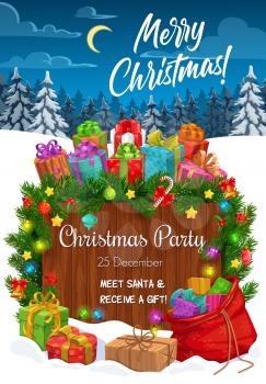 Christmas holiday party vector invitation with Xmas gifts, snow and pine tree branches. Present boxes, Santa bag and bells, holly berry, stars and balls, ribbon bows, lights and wooden sign