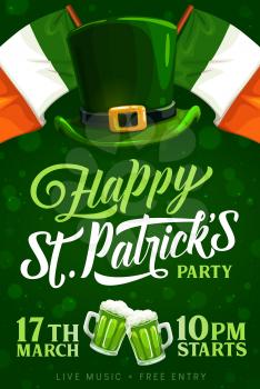 St Patrick day party vector invitation poster with Ireland flags, leprechaun hat with golden buckle ans ale pint mugs. Happy Saint Patrick day, bar and pub party, Irish traditional holiday celebration