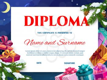 Kids diploma or Christmas certificate template with gifts. Wrapped in colorful paper, decorated ribbon presents boxes, Christmas tree branch covered snow cartoon vector. School or kindergarten diploma