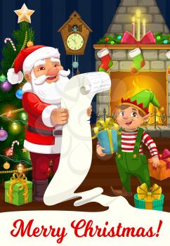 Santa and elf vector greeting card of Christmas winter holidays. Claus with helper reading Xmas wish list, gift boxes, Christmas tree and fireplace, star, socks and candles, balls, ribbon bows, clock