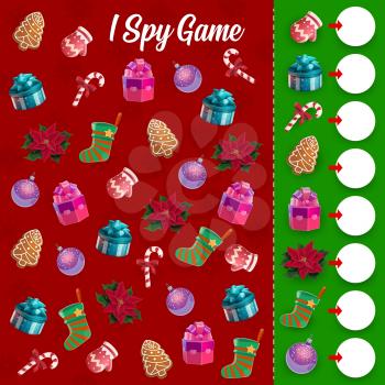 Children i spy game with Christmas gifts, sweets and ornaments. Kids counting game with Christmas ornaments balls, stocking and holiday gifts, mitten, poinsettia flower and candy cane cartoon vector