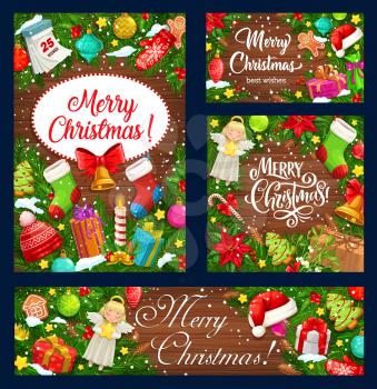 Christmas tree wreaths with Xmas gifts on wooden background, winter holidays vector design. Xmas bells, present boxes and snow, Santa hat, stars and bells, holly tree branches, socks and calendar