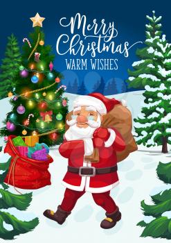 Santa with Christmas gift bag and Xmas tree vector greeting card. Claus delivering winter holiday present boxes, pine with Xmas bell, stars and balls, snow, candy canes and stocking, lights and tinsel