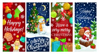 Santa in chimney and snowman with Christmas gifts and Xmas tree greeting banners. Vector present boxes, bell and Claus bag, candy cane, stars and snow, sock, gingerbread and snowflakes, balls, angel