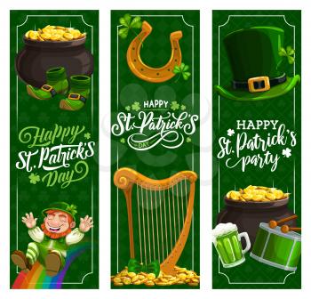 St. Patricks Day Irish holiday vector banners. Patricks Day green beer, hat and clover leaves, leprechaun treasure pot with gold coins, lucky horseshoe and shamrock, rainbow, Spring Fest drum, harp