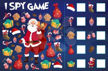 Kids i spy game with Christmas objects counting. Santa Claus character, Christmas stocking and spruce cone, gingerbread cookies, ornaments bauble and gifts boxes, candy cane, mittens cartoon vector