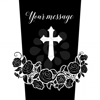 Funeral card, vector gravestone with rose flowers garland, cross and place for obsequial message. Obituary memorial, retro funeral monochrome tomb stone. Vintage remembrance condolence funeral card.