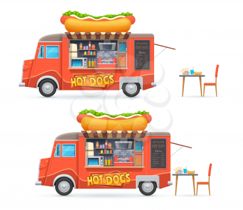 Hot dog food truck isolated vector catering van with chalkboard menu and equipment for cooking hotdogs. Cartoon car for street food selling, cafe or restaurant wagon transport on wheels with canopy