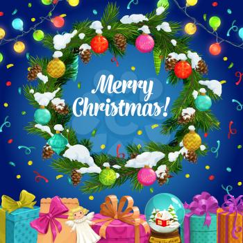 Christmas gifts and winter holiday wreath vector design of Xmas greeting card. Present boxes with festive ribbons and bows, snow, balls and lights, green branches of pine tree, snowflakes and angel