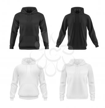 Hoodie, sweatshirt vector mockup for men or women front view. Isolated black and white hoody with long sleeves and drawstrings. Sport, casual or urban clothing, teenagers fashion, realistic 3d mock up
