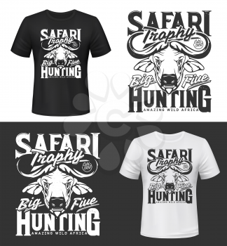 Tshirt print with buffalo head vector mockup, hunting club mascot, african savanna animal safari trophy. Wild ox, carabao or bison bull with fused horns apparel design, isolated t shirt print or label