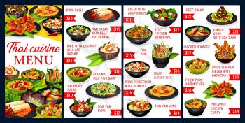 Thai cuisine vector menu meals template. Spring rolls, thai salad with beef and seasame, rice with coconut milk and shrimp, coconut milk fish soup, calamari salad, tom yam kung. Asian food dishes