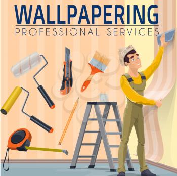 House renovation professional wallpapering service. Workman in overalls and paper hat, aligning wallpaper with smoother, measuring tape, roller bush and utility knife, pencil and stepladder vector
