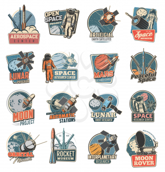 Space exploration vector icons. Astronaut in galaxy, rocket in outer cosmos, shuttle expedition, explore adventure. Satellite in space, rover on alien planet surface. Mars research center labels set