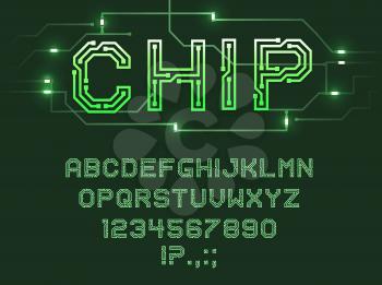 Font of printed circuit board, vector computer and digital data technologies. Alphabet letters and numbers type with motherboard or PCB electronic pattern with glowing LED lights and conductive tracks