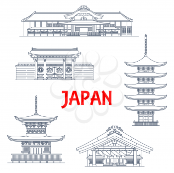 Japan landmark temples, Japanese pagoda icons, vector travel buildings in Kyoto. Izumo-taisha or Izumo Oyashiro Shinto shrine, Honmaru Nijo Castle, Tahoto and Gojunoto pagoda, Daigo-ji Sampo-in temple