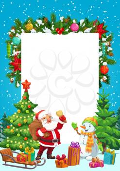 Christmas tree, Santa and snowman, Xmas gifts, snow sledge and star, present boxes, balls and snowflakes, holly berry, poinsettia and lights, ribbon bows and blank sign. Winter holidays greeting card