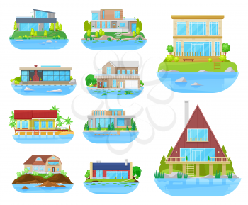 Beach house building isolated vector icons with homes, villas, cottages and bungalows, seashore real estate. Houses on beach of tropical island, ocean, lake or river coasts with palm trees and piers