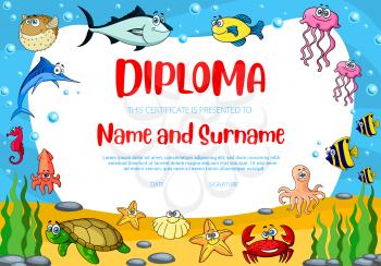Kids education diploma vector template with puffer fish, crab and turtle. School or kindergarten certificate Child award border design for participation, achievement or graduation with sea animals