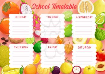 School timetable schedule vector template of education study planner with frame background of exotic fruits. Weekly plan of student lessons or elementary school pupil classes with orange, lime, pomelo