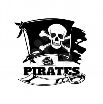 Pirate flag, skull and ship vector icon with isolated jolly roger and sword. Caribbean Sea pirate crossbones and skeleton head black banner with sailing boat, saber of buccaneer captain or sailor