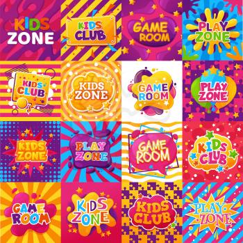 Kids zone banners, game room, play area vector set. Colorful cartoon design elements half tone, speech bubbles, stars and splashes with abstract waves, puzzle pieces and lines. Baby center, playground