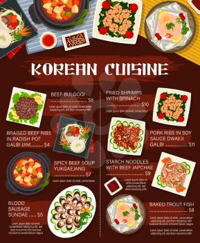 Korean cuisine vector menu template pork ribs in soy sauce dwaeji galbi, blood sausage sundae. Braised beef ribs in radish pot galbi jjim, soup yukgaejang and starch noodles with japchae Korea meals