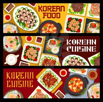 Korean cuisine vector fried shrimp with spinach, baked troutfish and beef bulgogi. Pork ribs in soy sauce dwaeji galbi, spicy beef soup yukgaejang and starch noodles with beef japchae food of Korea